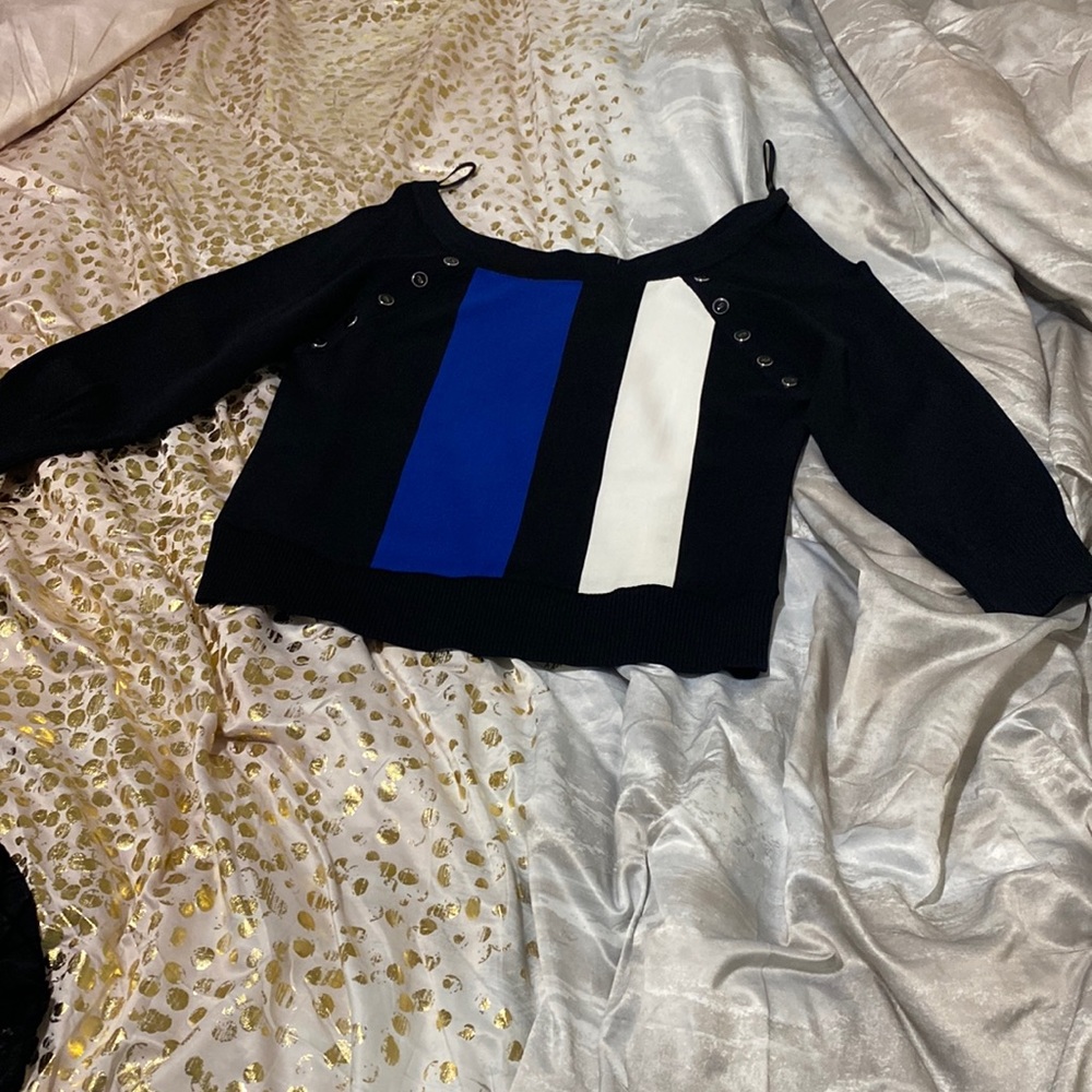 Off the shoulder, black, blue, white sweater. Size XL